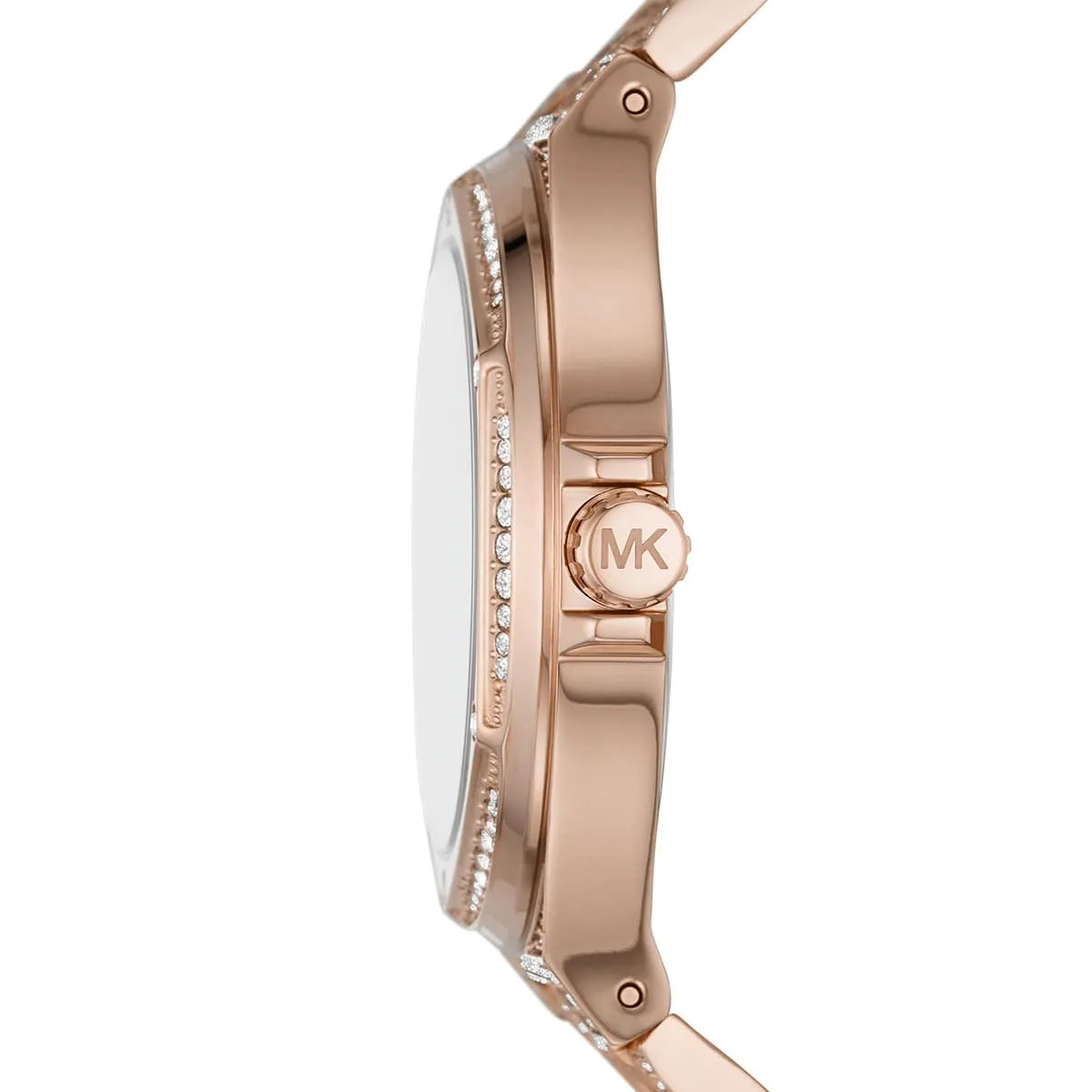 Michael Kors Lennox side profile showing crystal-embellished rose gold case and MK logo on bracelet