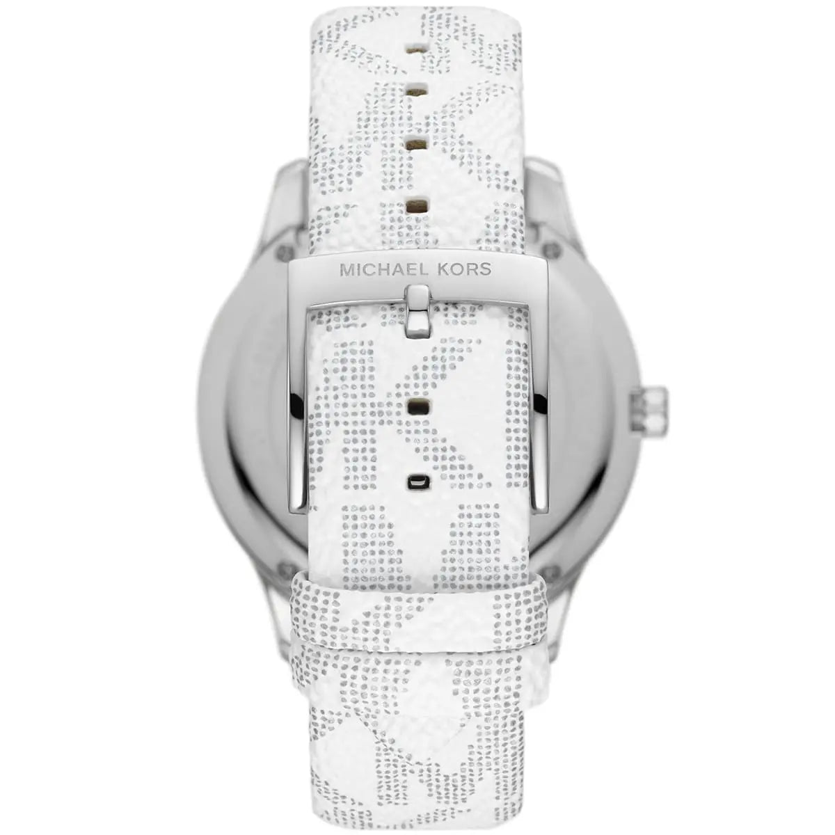 Michael Kors Runway watch caseback displaying silver-tone case and white patterned strap underside