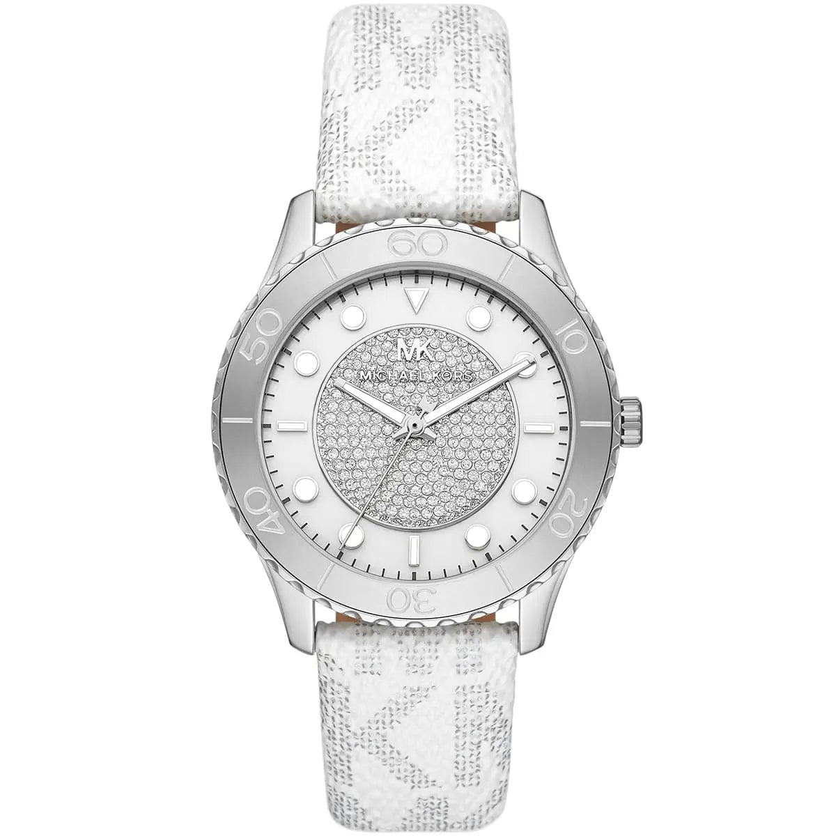 Michael Kors Runway oversized silver-tone watch with pavΓ© crystal dial and white patterned strap