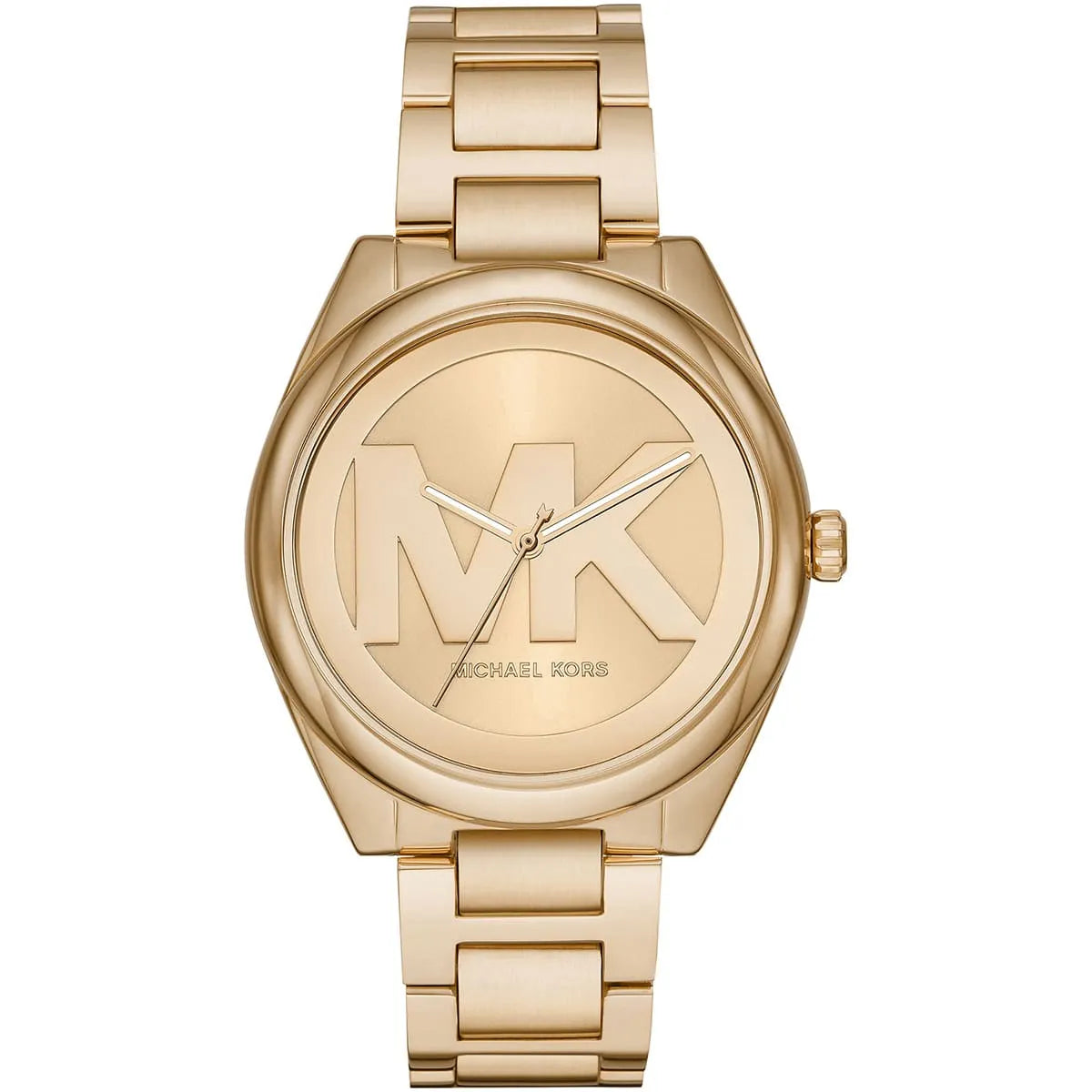 Michael Kors Janelle gold women's watch with MK logo dial and gold-tone stainless steel bracelet