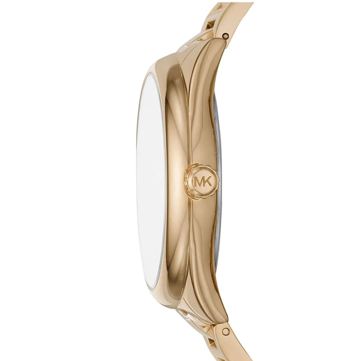 Michael Kors Janelle watch side profile showing case thickness and MK logo on bracelet