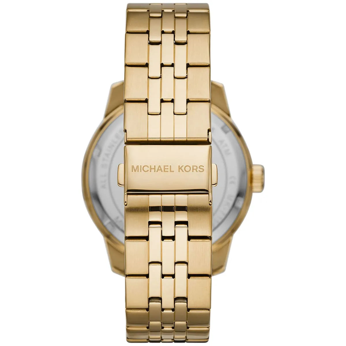 Back of Michael Kors Cunningham watch showing gold-tone case back and stainless steel bracelet
