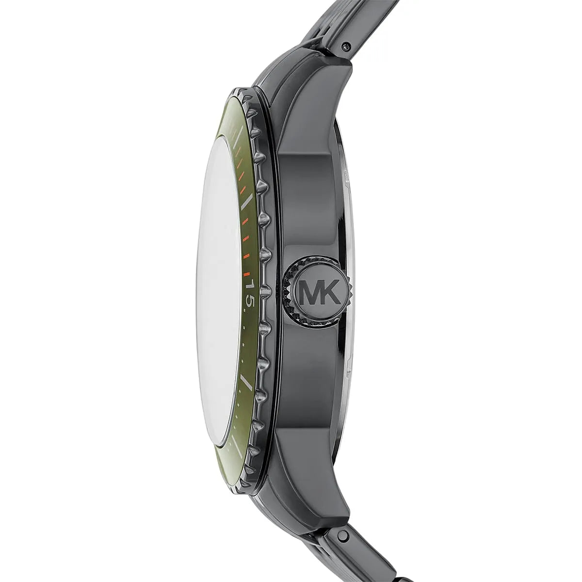 Michael Kors Cunningham MK7158 side profile view showing gunmetal case thickness and green dial edge