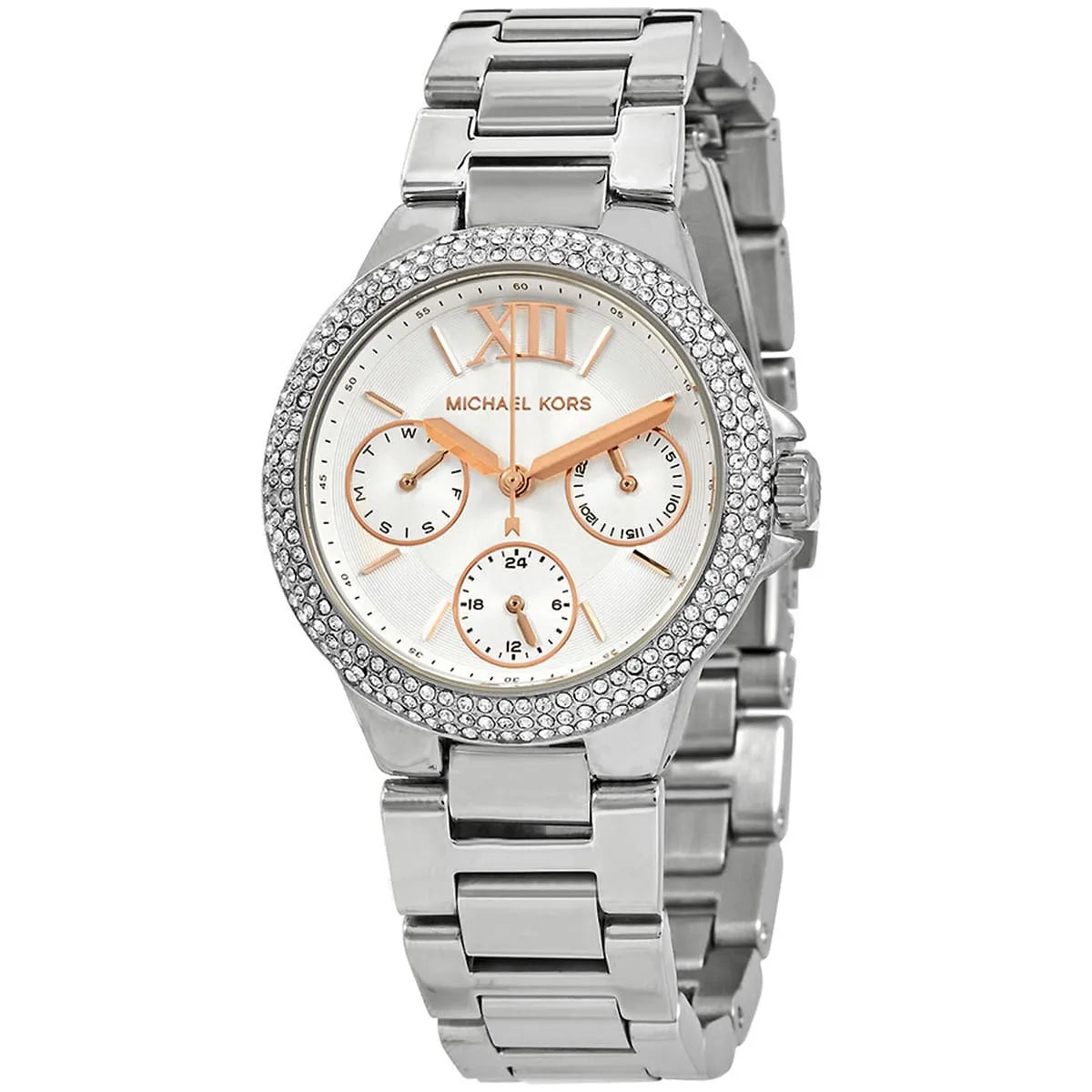 Michael Kors Camille MK7198 three-subdial multifunction watch at 45-degree angle
