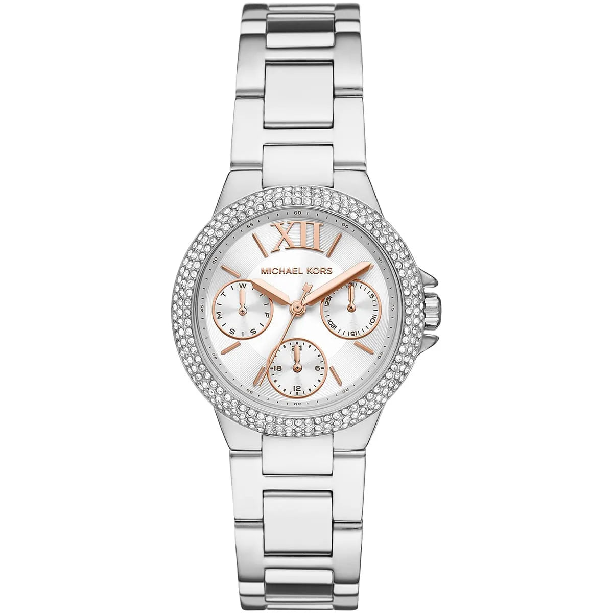Michael Kors Camille MK7198 silver-tone women's watch with white multifunction dial and crystal bezel