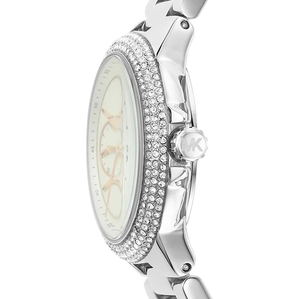 Michael Kors Camille MK7198 watch side profile showing crystal-adorned case and silver-tone bracelet