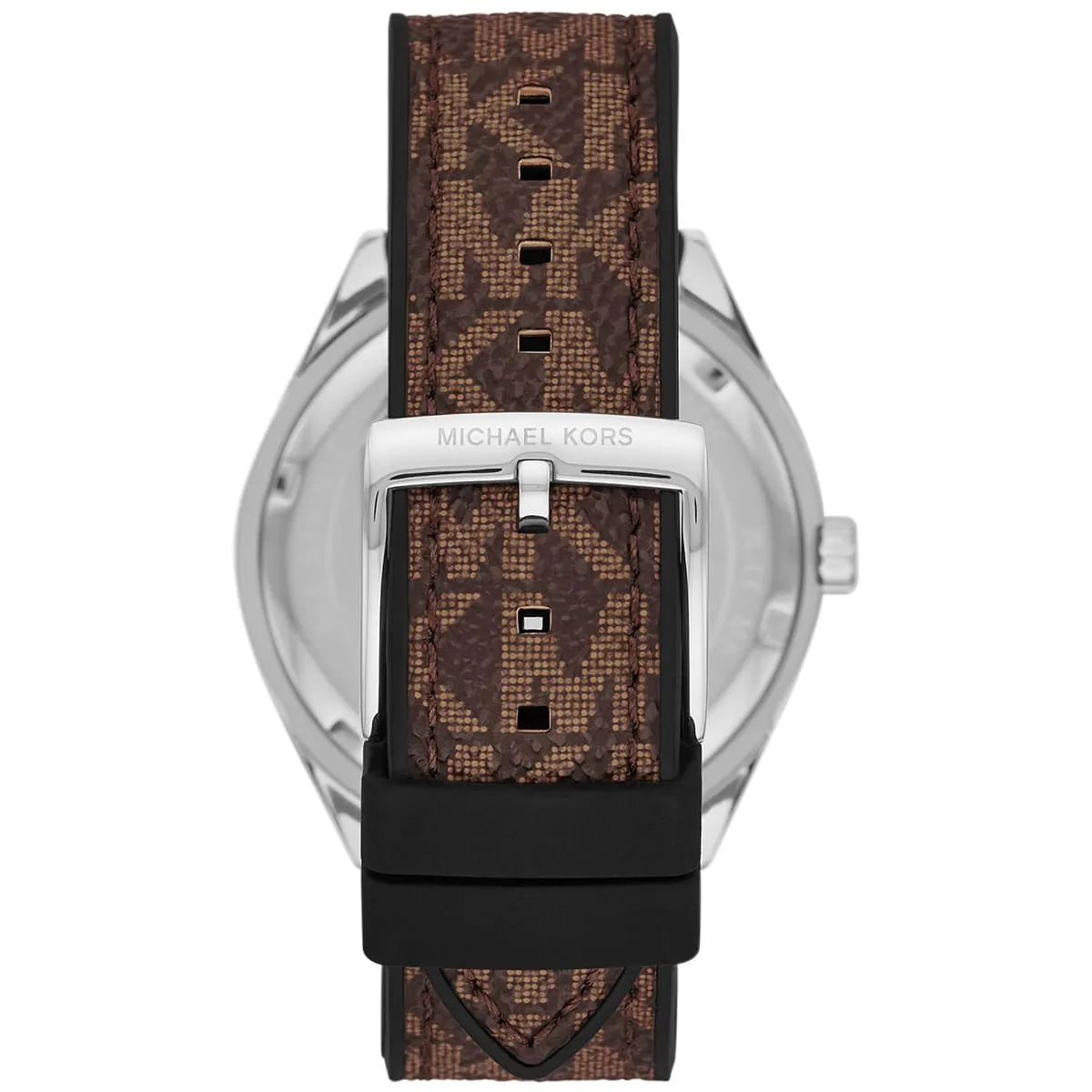 Michael Kors Jessa watch caseback view showing brown PVC strap and stainless steel case