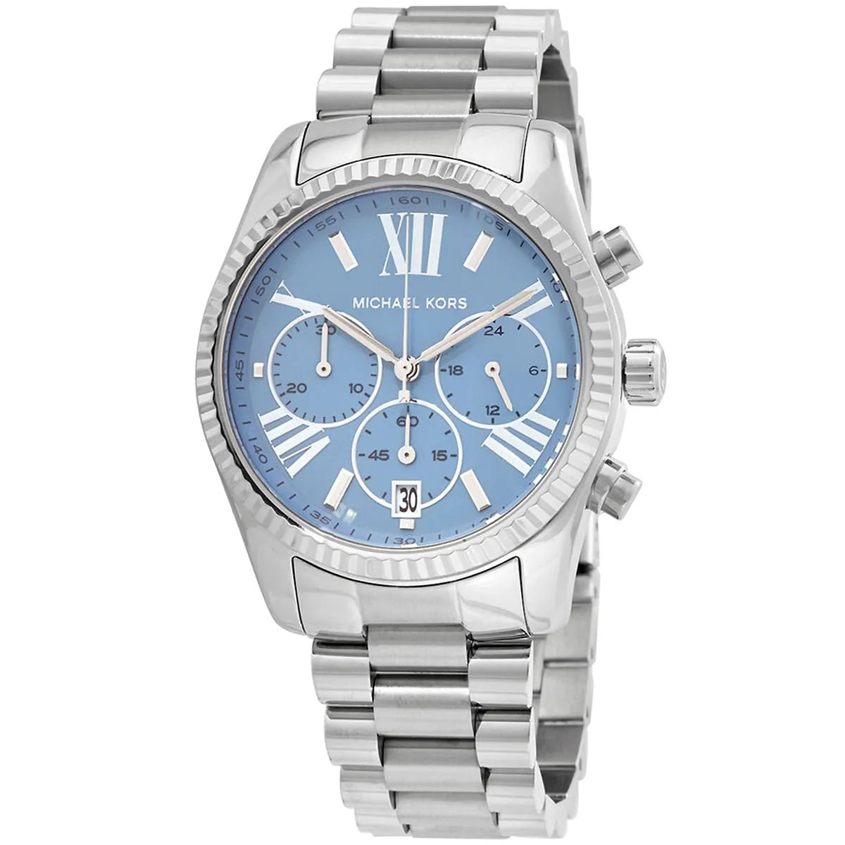 Michael Kors Lexington MK7215 chronograph watch with blue dial, Roman numeral hour markers and silver bracelet