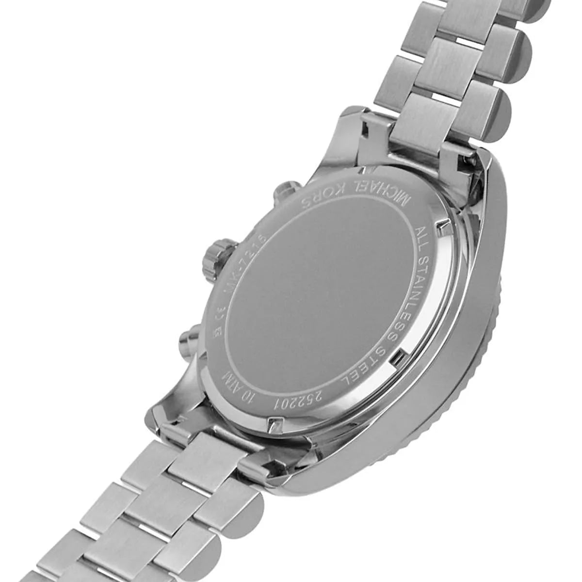 Michael Kors Lexington watch side profile detail with fluted bezel and MK logo on case