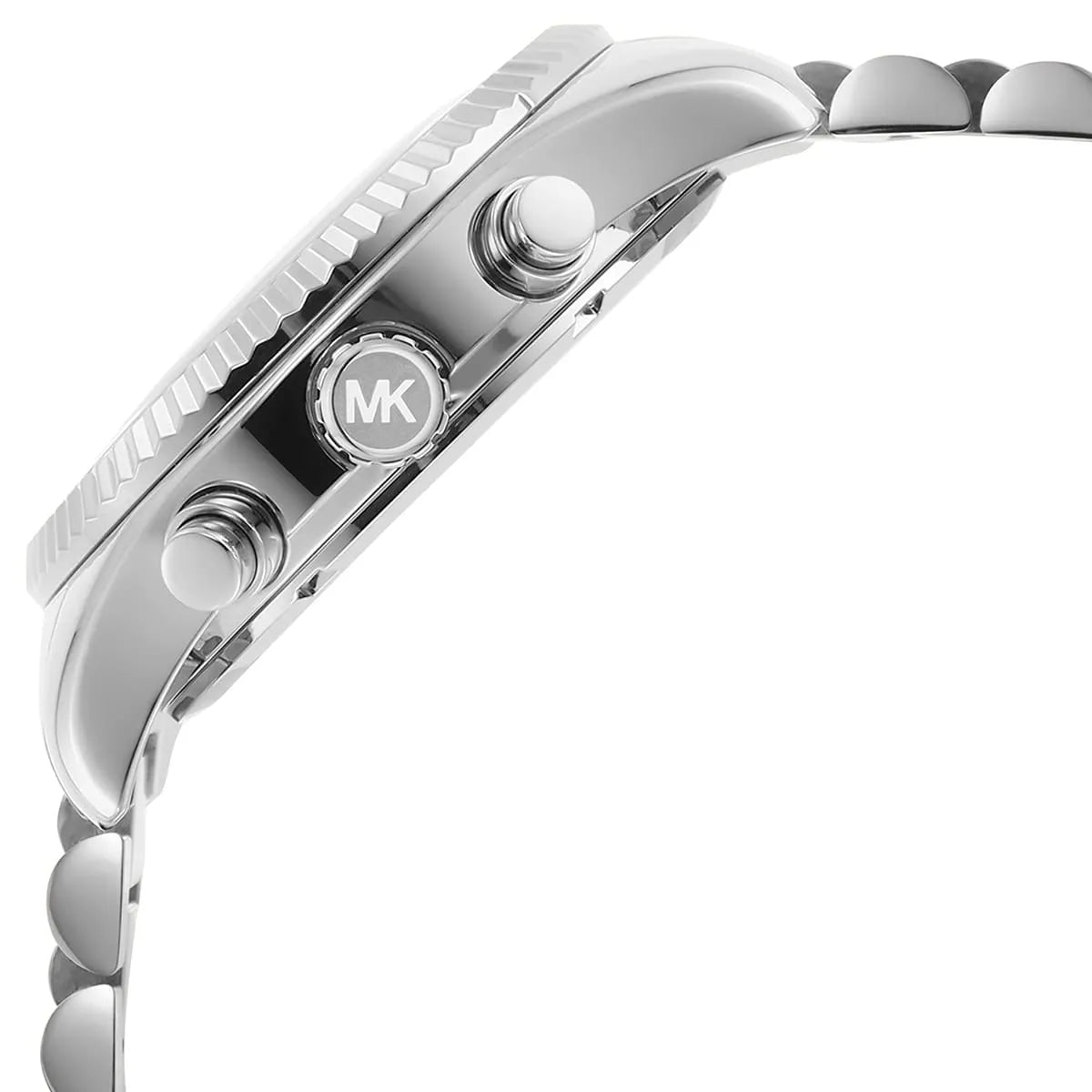 Michael Kors Lexington chronograph watch side view showing case profile and chronograph pushers