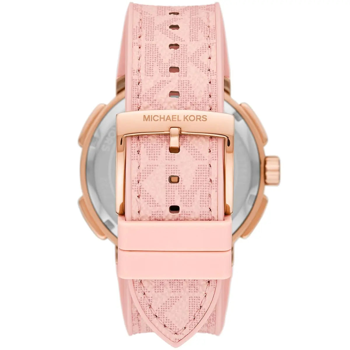 Caseback view of Michael Kors Sidney watch with pink strap and rose gold-tone case hardware
