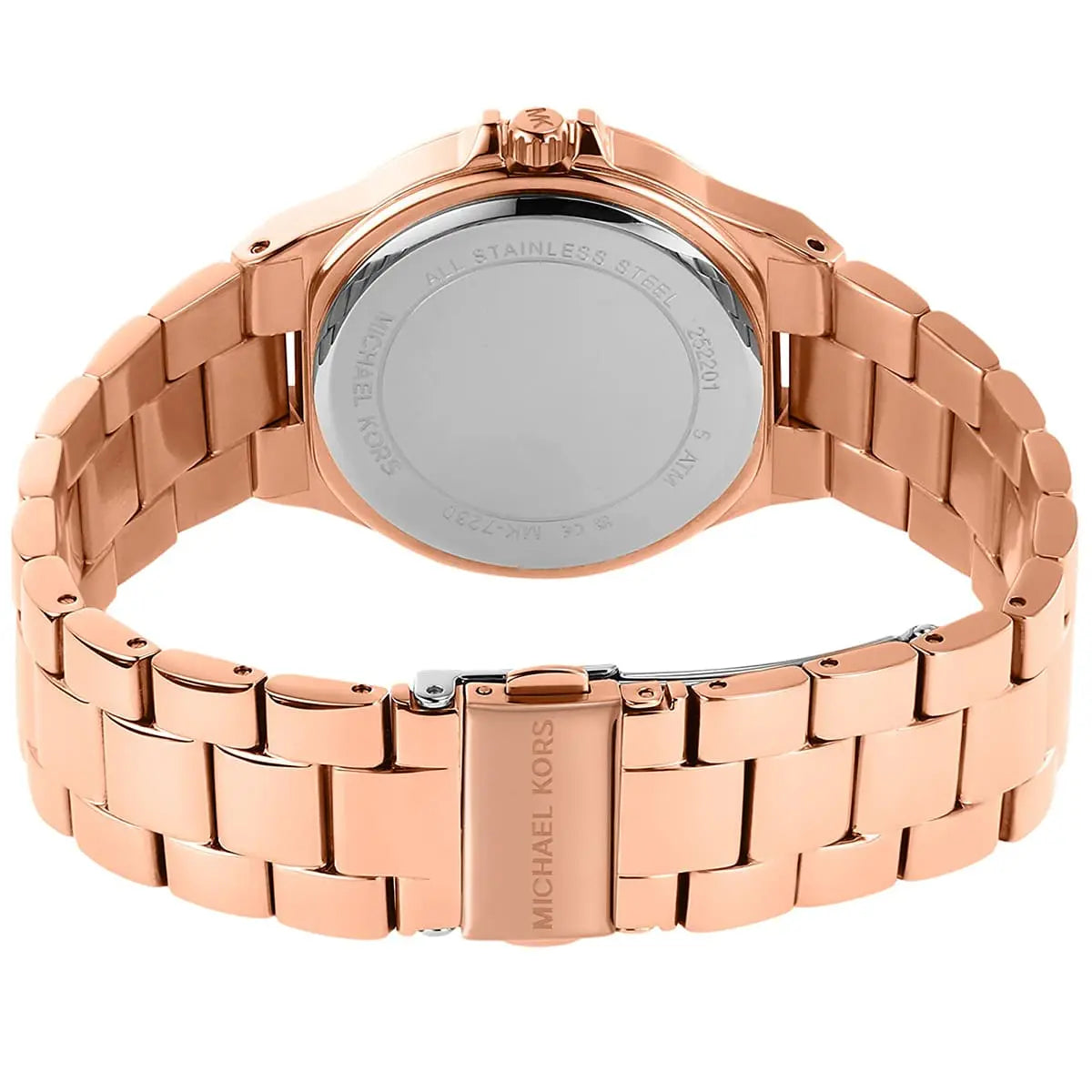 Michael Kors Lennox watch caseback showing rose gold stainless steel with Michael Kors branding