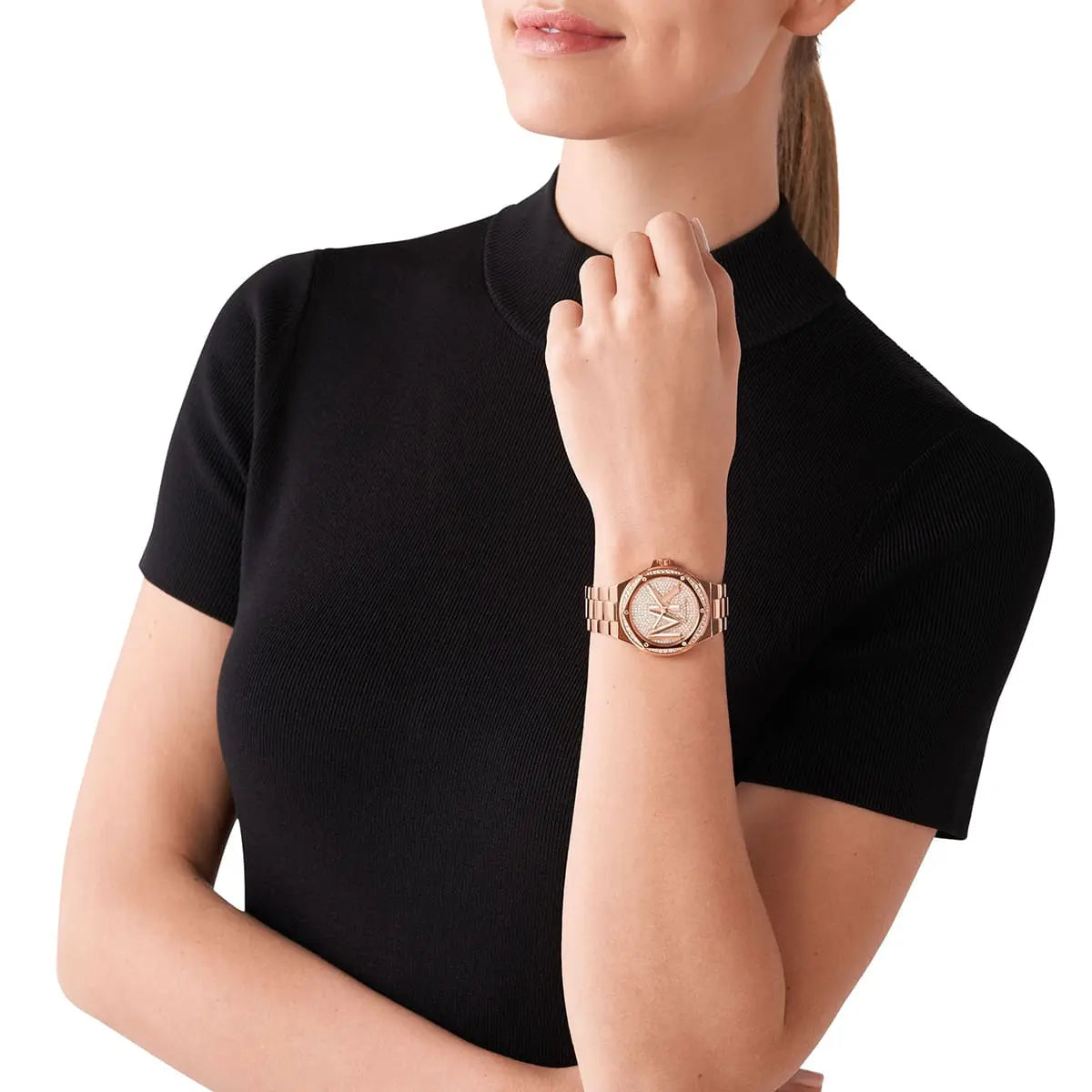 Michael Kors Lennox rose gold watch worn on wrist with crystal-embellished dial