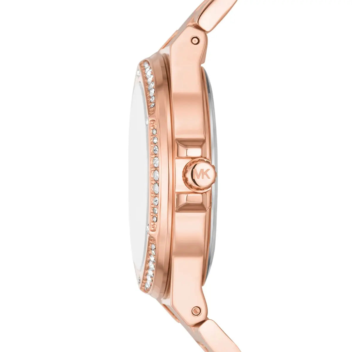 Michael Kors Lennox watch side profile showing rose gold case and crystal bezel