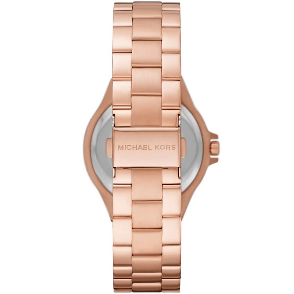 Back of Michael Kors Lennox Pavé watch displaying case back and rose gold metal bracelet