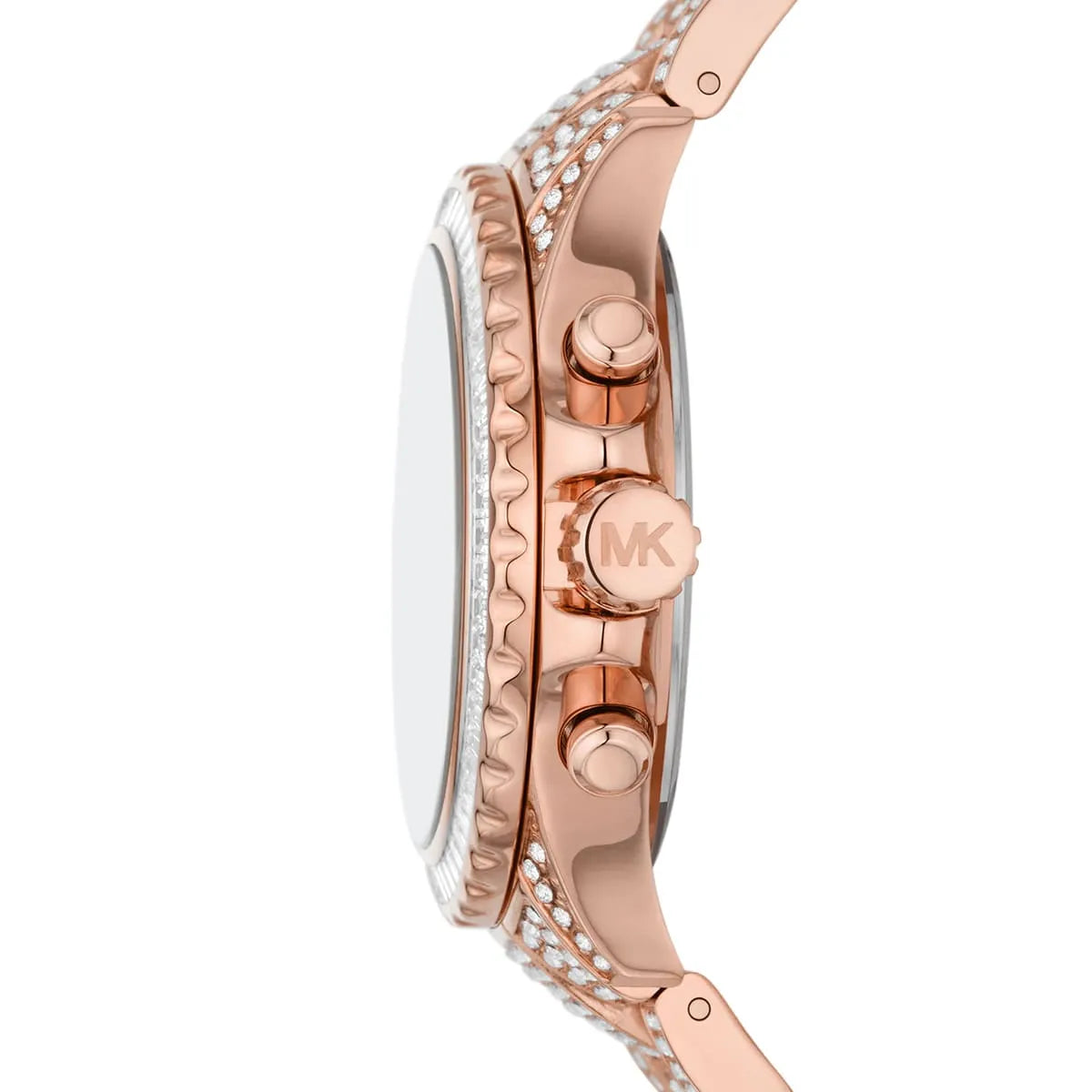 Side view of MK7235 watch showing rose gold case profile and crystal-set metal bracelet