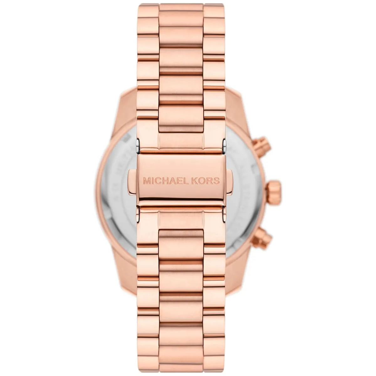 Michael Kors Lexington watch caseback showing rose-gold stainless steel with logo