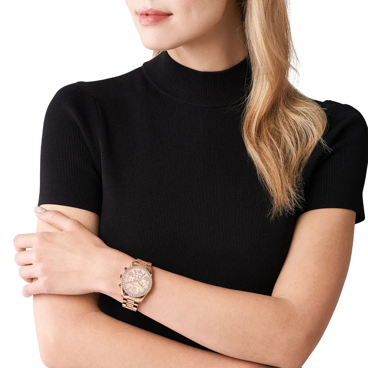 Michael Kors Lexington pink dial chronograph watch on wrist
