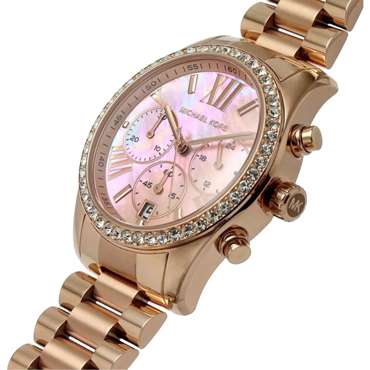 Side view of Michael Kors Lexington chronograph showing rose-gold case and pushers
