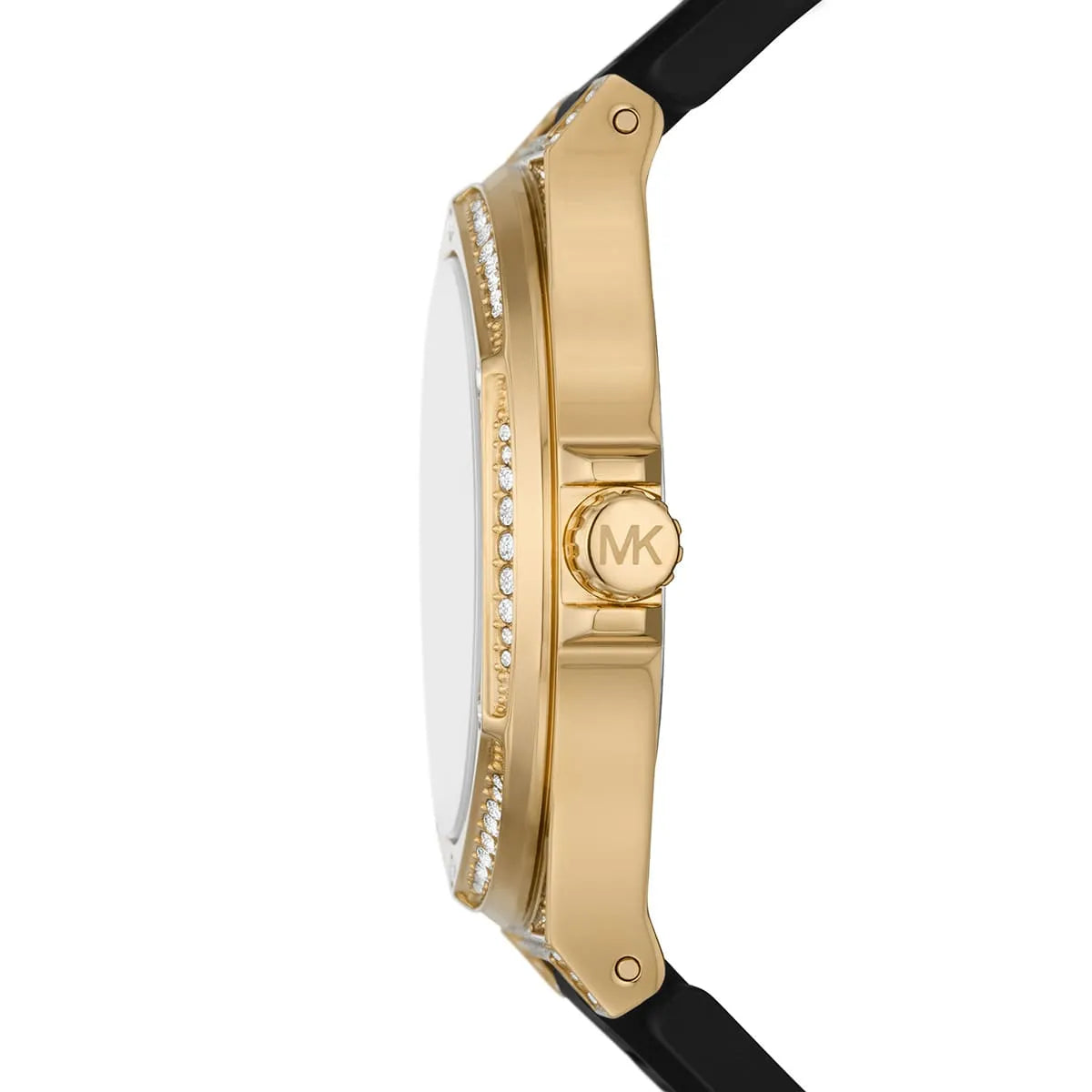 Michael Kors Lennox watch side view showing gold-tone case profile with crystal detailing