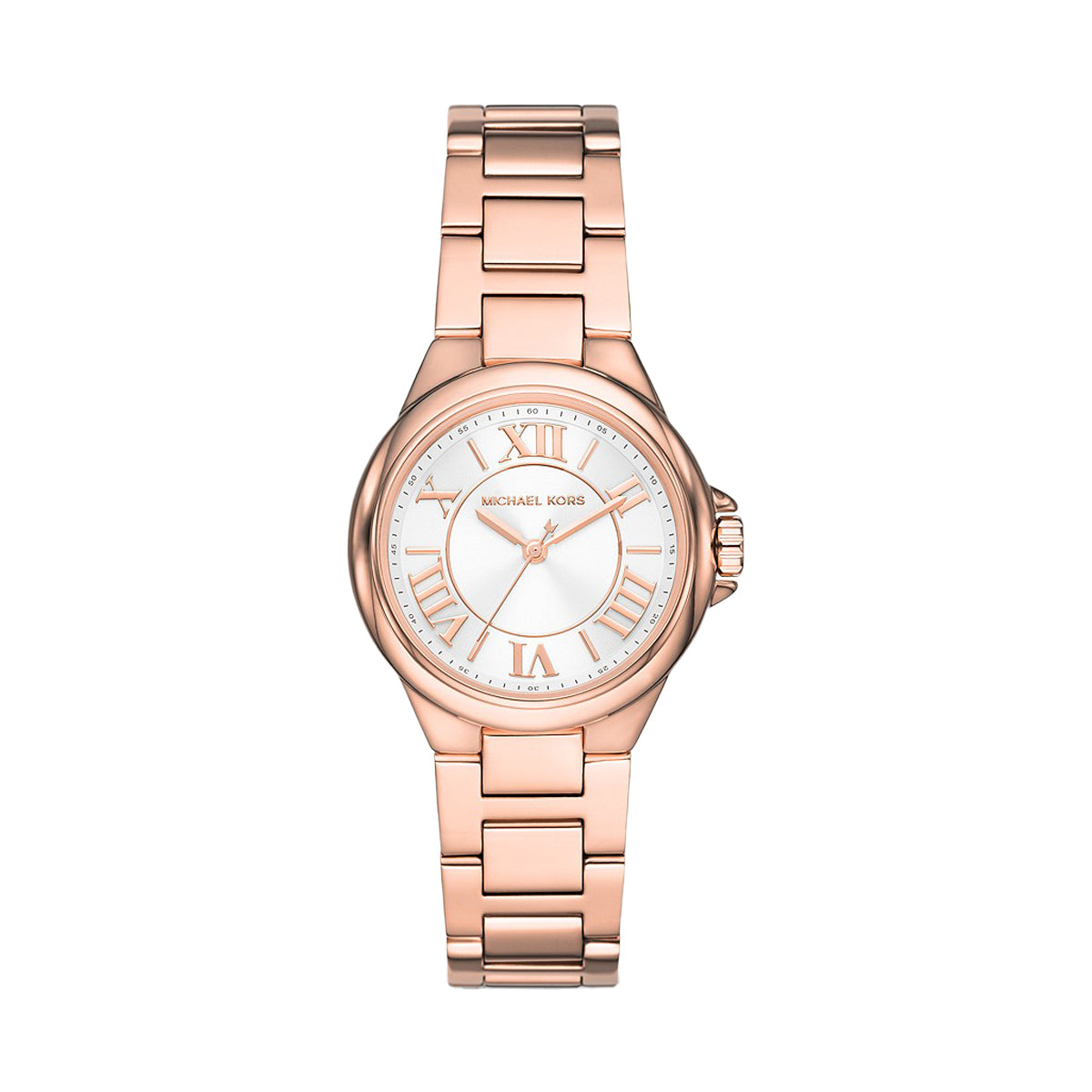 Michael Kors Mini Camille rose gold-tone women's watch with white dial and Roman numerals