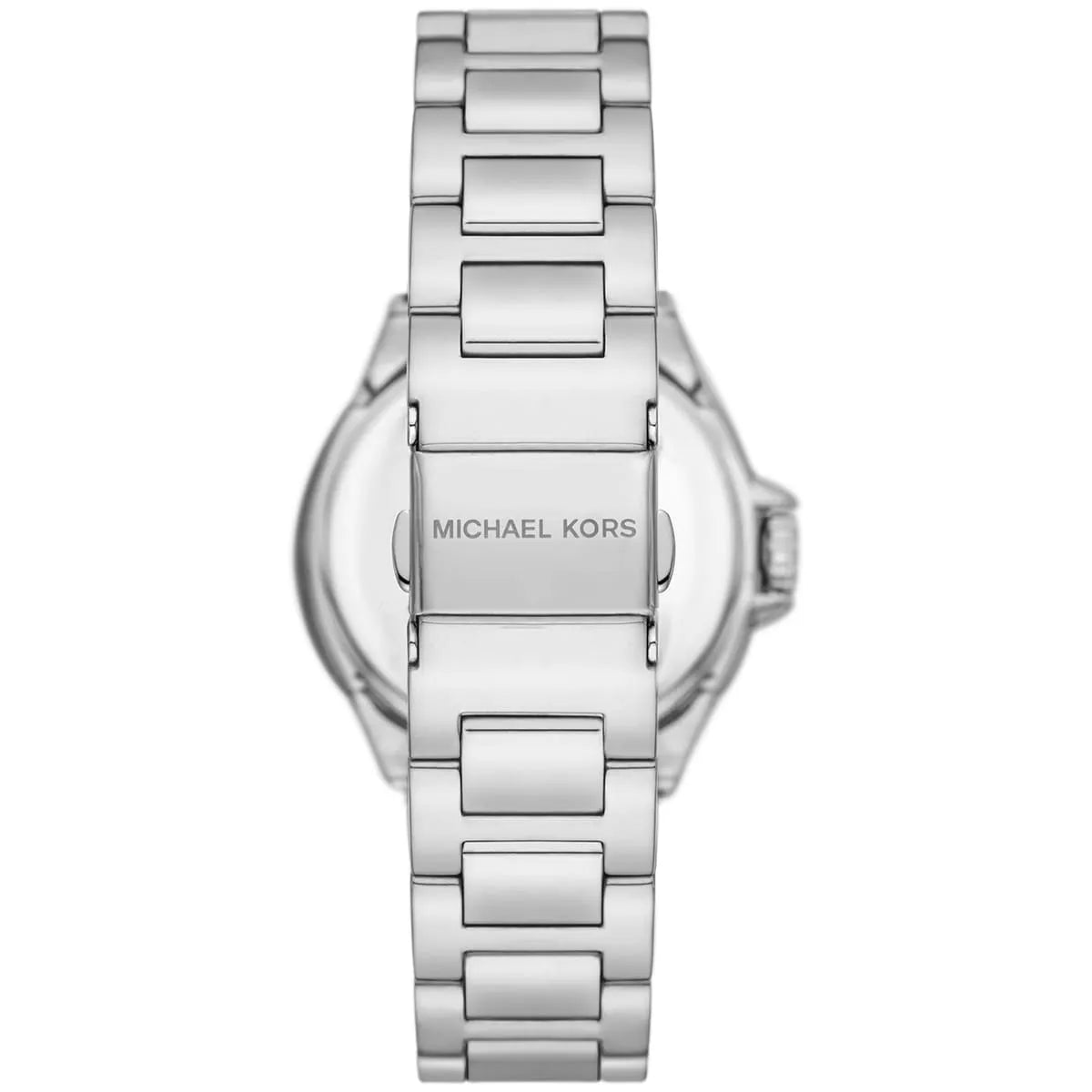 Caseback view of Michael Kors Mini Camille showing stainless steel bracelet and MK logo