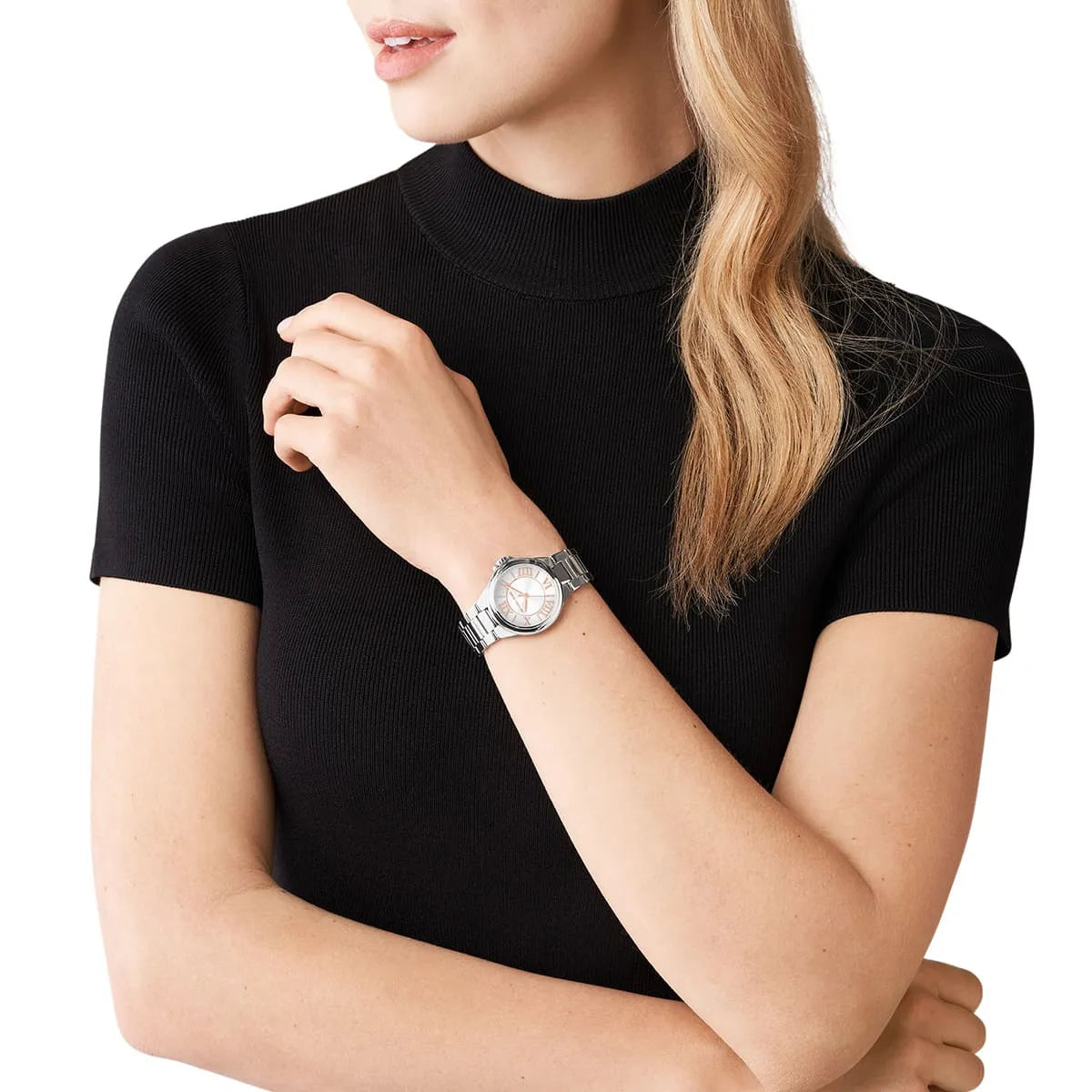 Michael Kors Mini Camille silver-tone watch worn on wrist