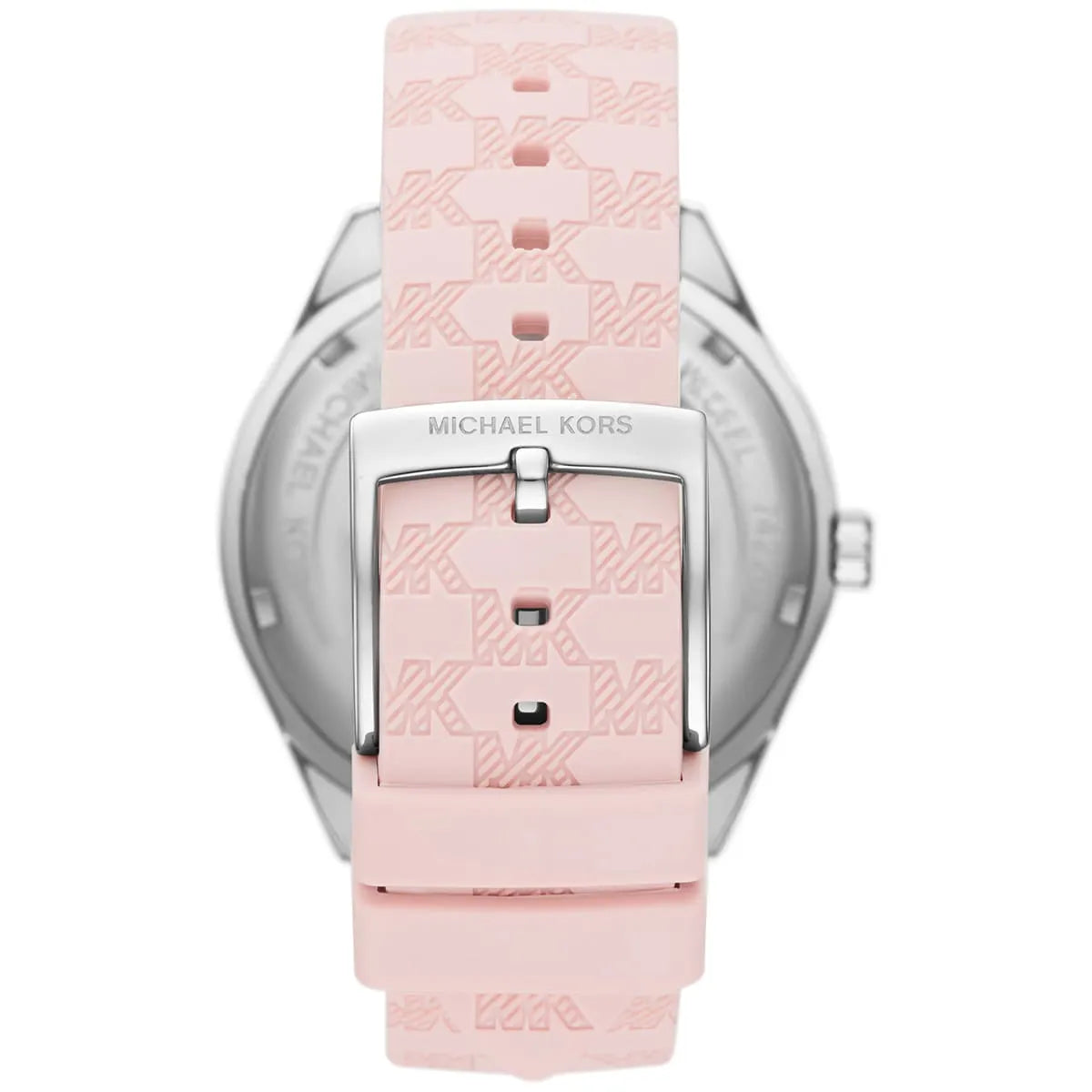 Michael Kors Jessa watch back view showing case back with MK logo and pink strap detail