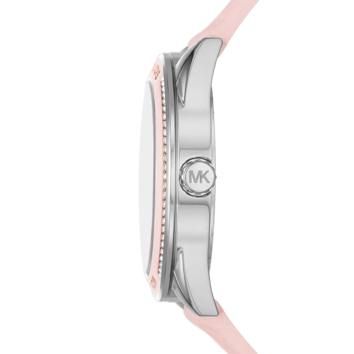 Michael Kors Jessa watch side profile showing case thickness and pink silicone strap