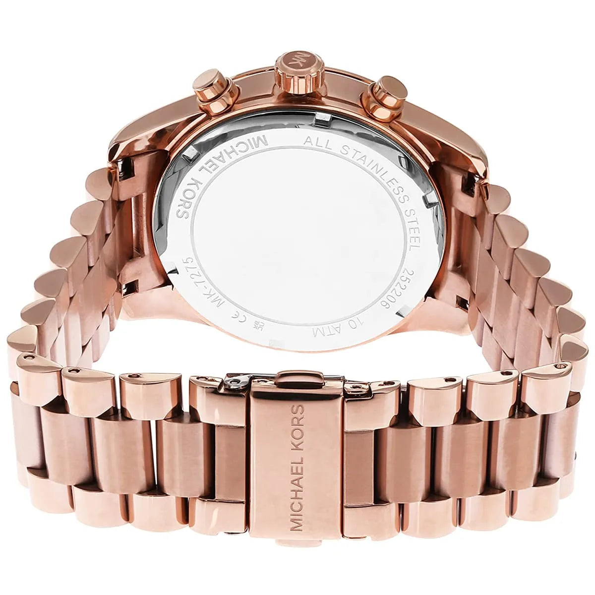 Rear caseback detail of Michael Kors Lexington Lux with engraved branding and stainless steel back