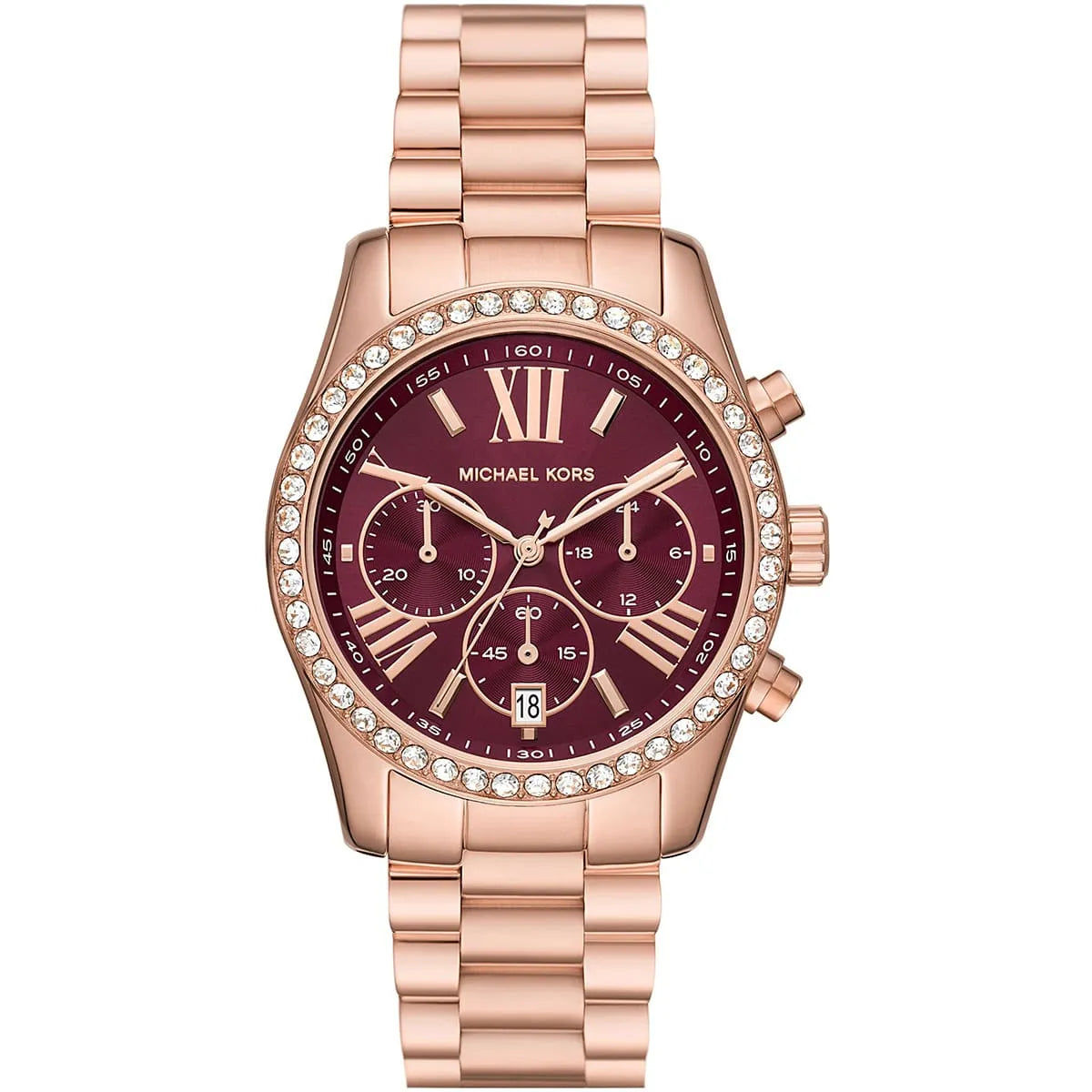 Michael Kors Lexington Lux rose gold chronograph watch with burgundy dial and crystal-set bezel
