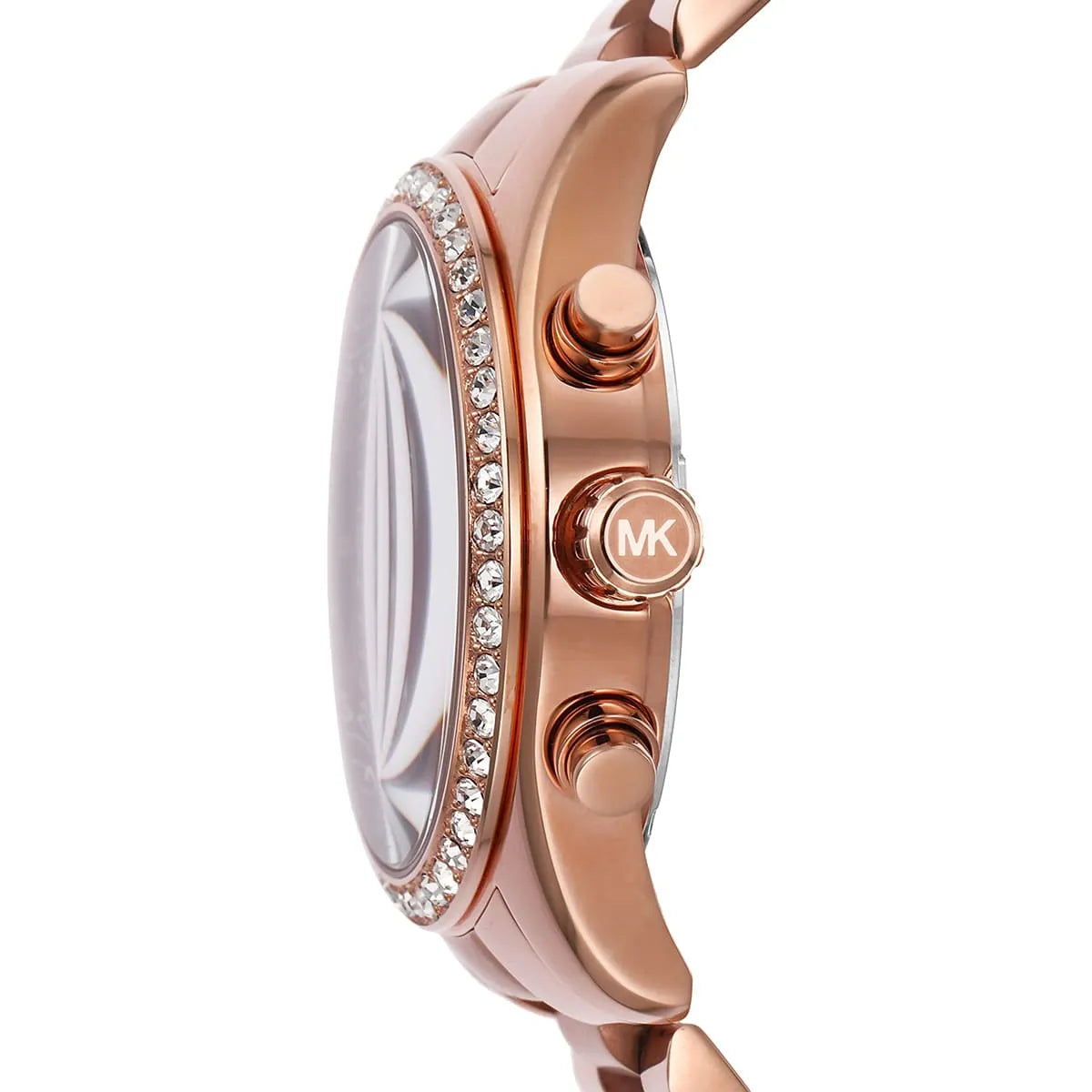 Side view of Michael Kors Lexington Lux showing rose gold case profile and chronograph pushers