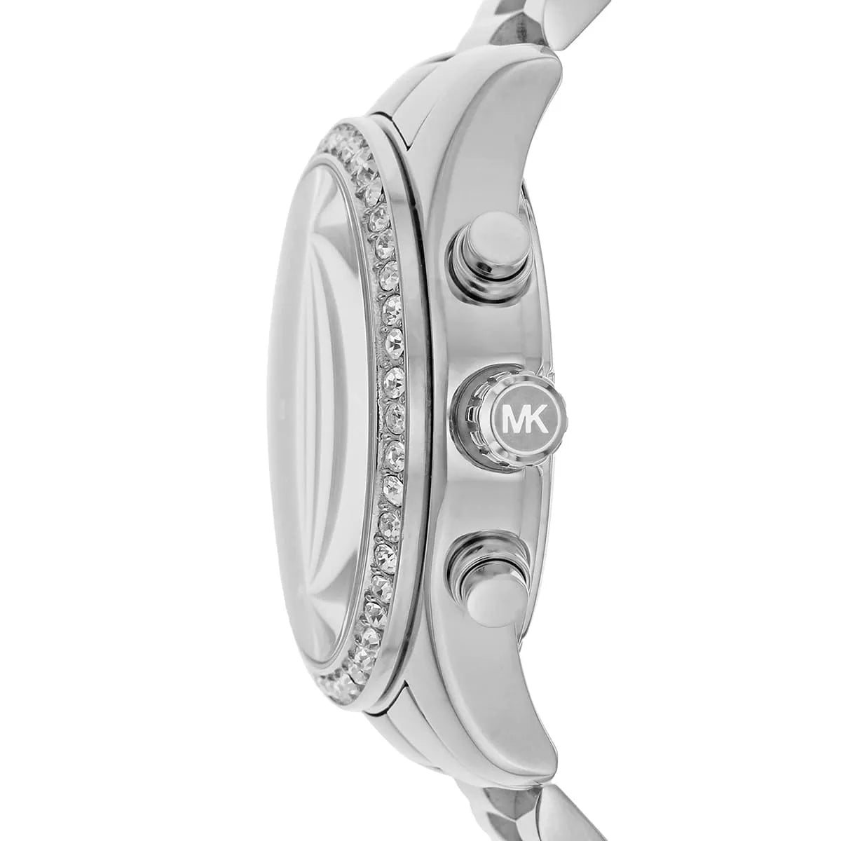 Michael Kors Lexington chronograph women's watch side view showing case and bracelet angle