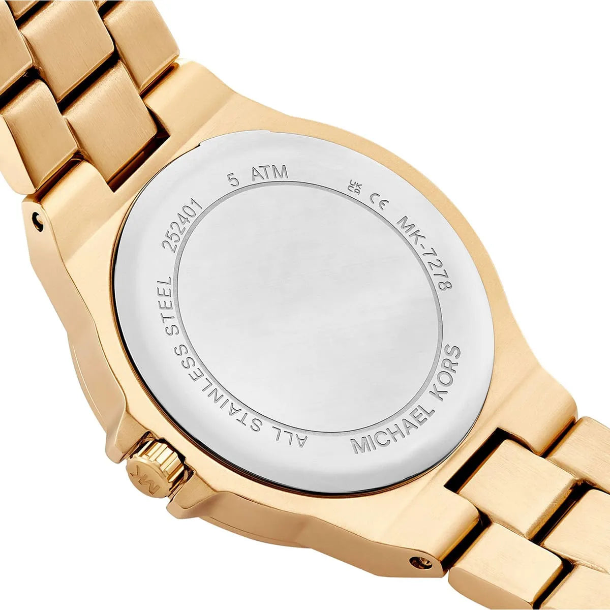 Michael Kors Mini Lennox caseback showing stainless steel 5 ATM water resistance detail