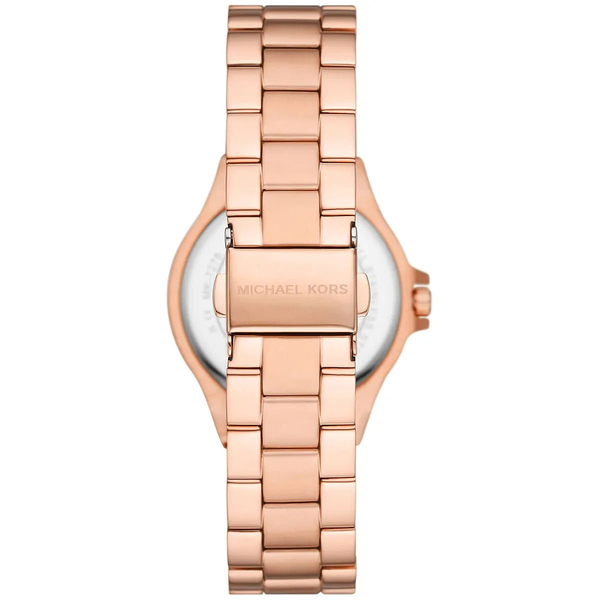 Angled overhead view of Michael Kors Mini-Lennox rose gold watch with white dial