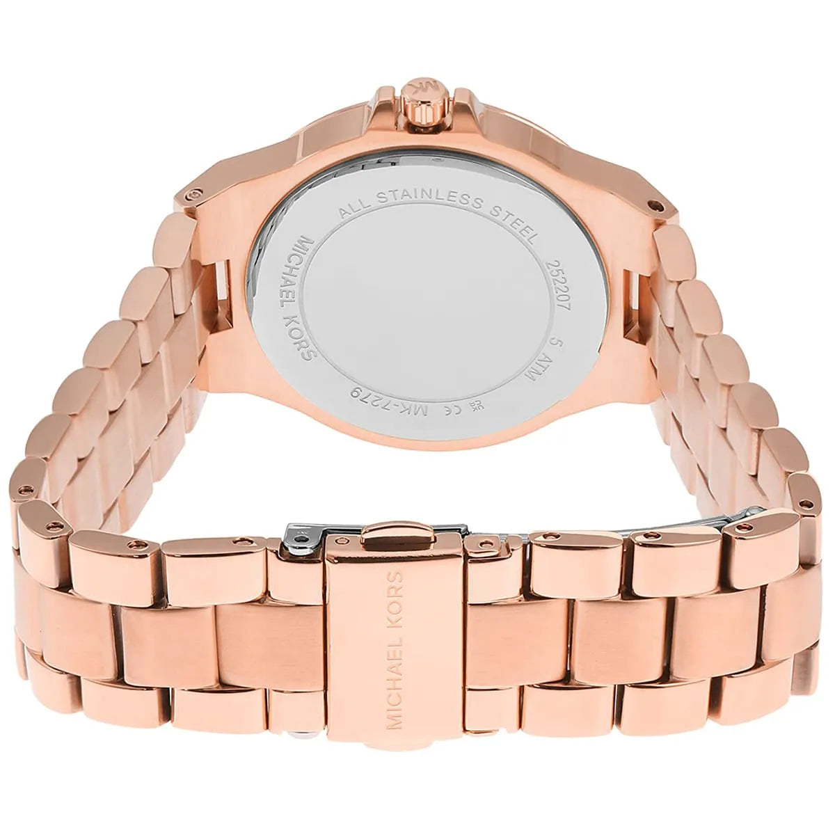 Back view showing Michael Kors Mini-Lennox rose gold bracelet and case back detail