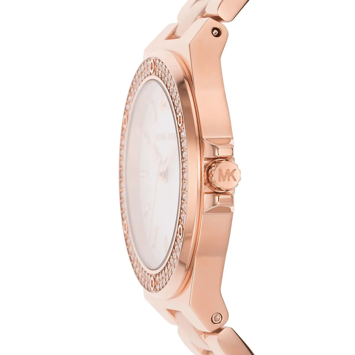 Side view of Michael Kors Mini-Lennox watch showing case profile and rose gold bracelet