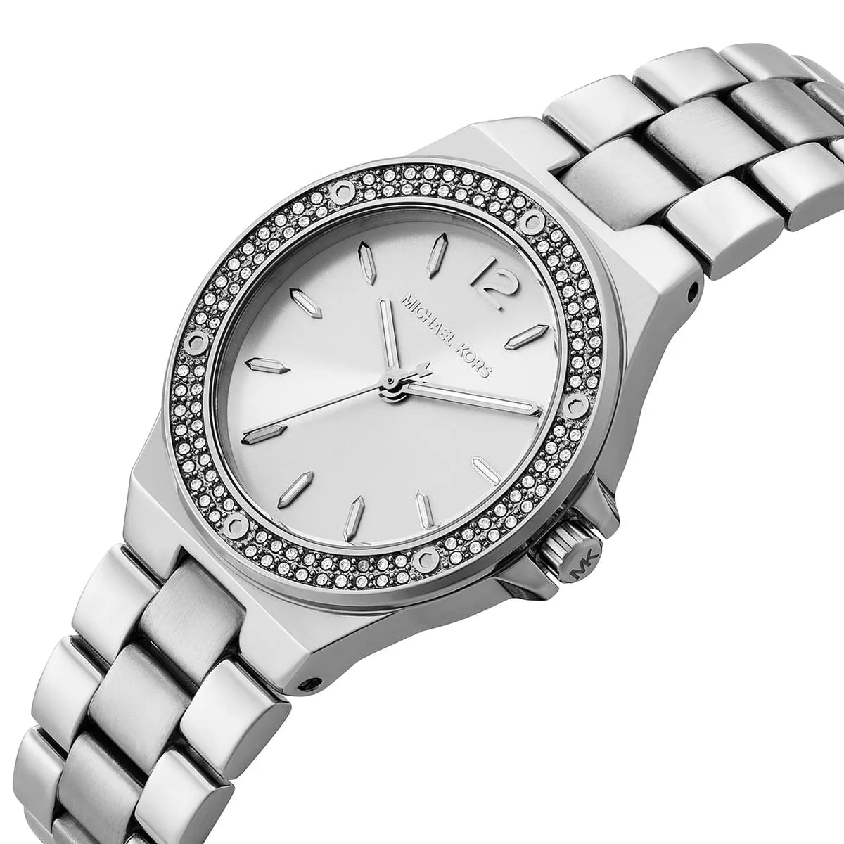 Michael Kors Mini Lennox watch angled view showing stainless steel bracelet and crystal bezel