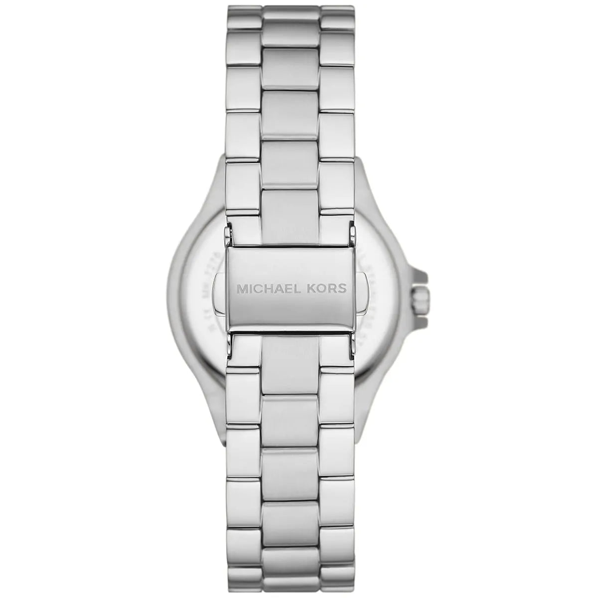 Michael Kors Mini Lennox watch caseback showing stainless steel back and MK logo