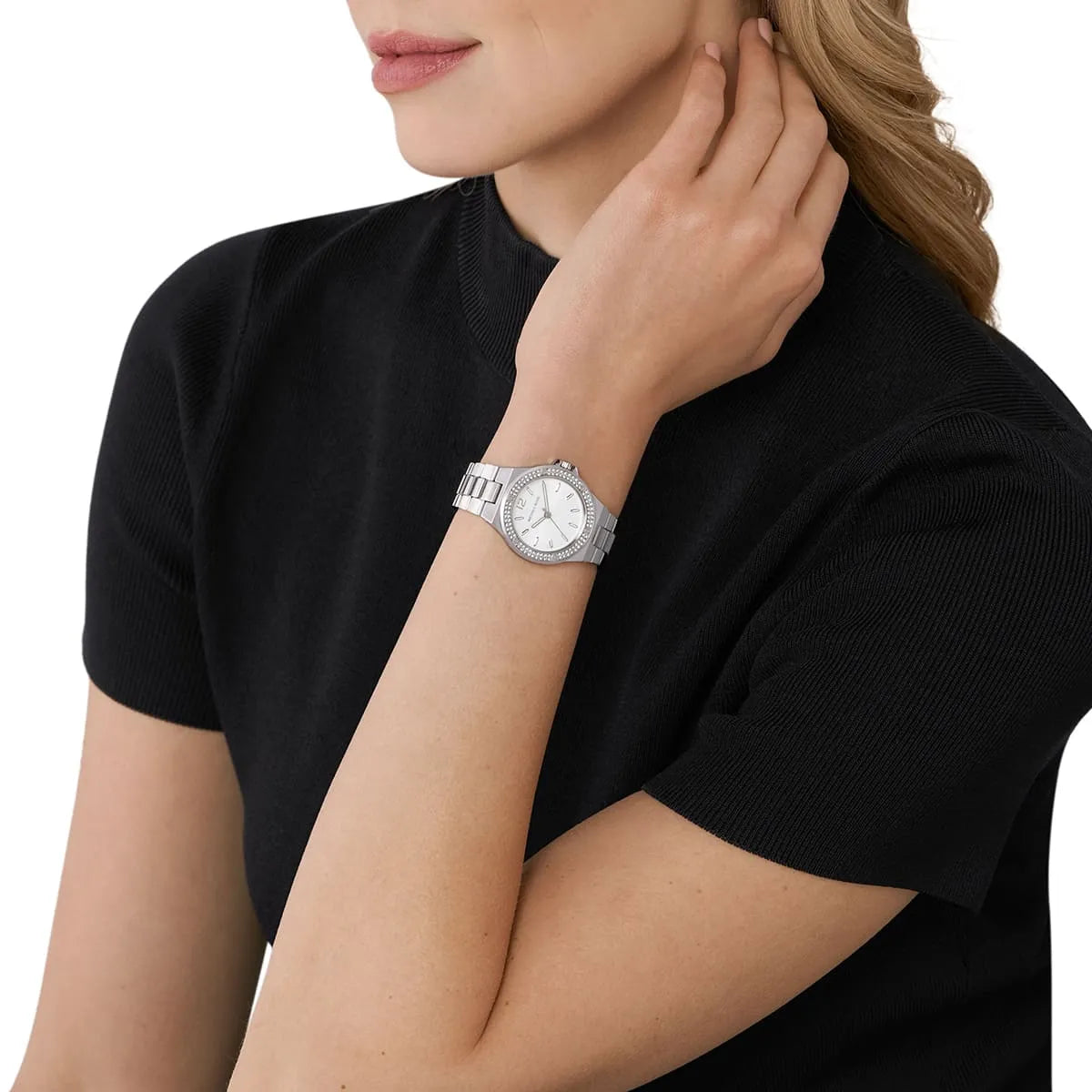 Michael Kors Mini Lennox silver-tone women's watch worn on wrist with white dial