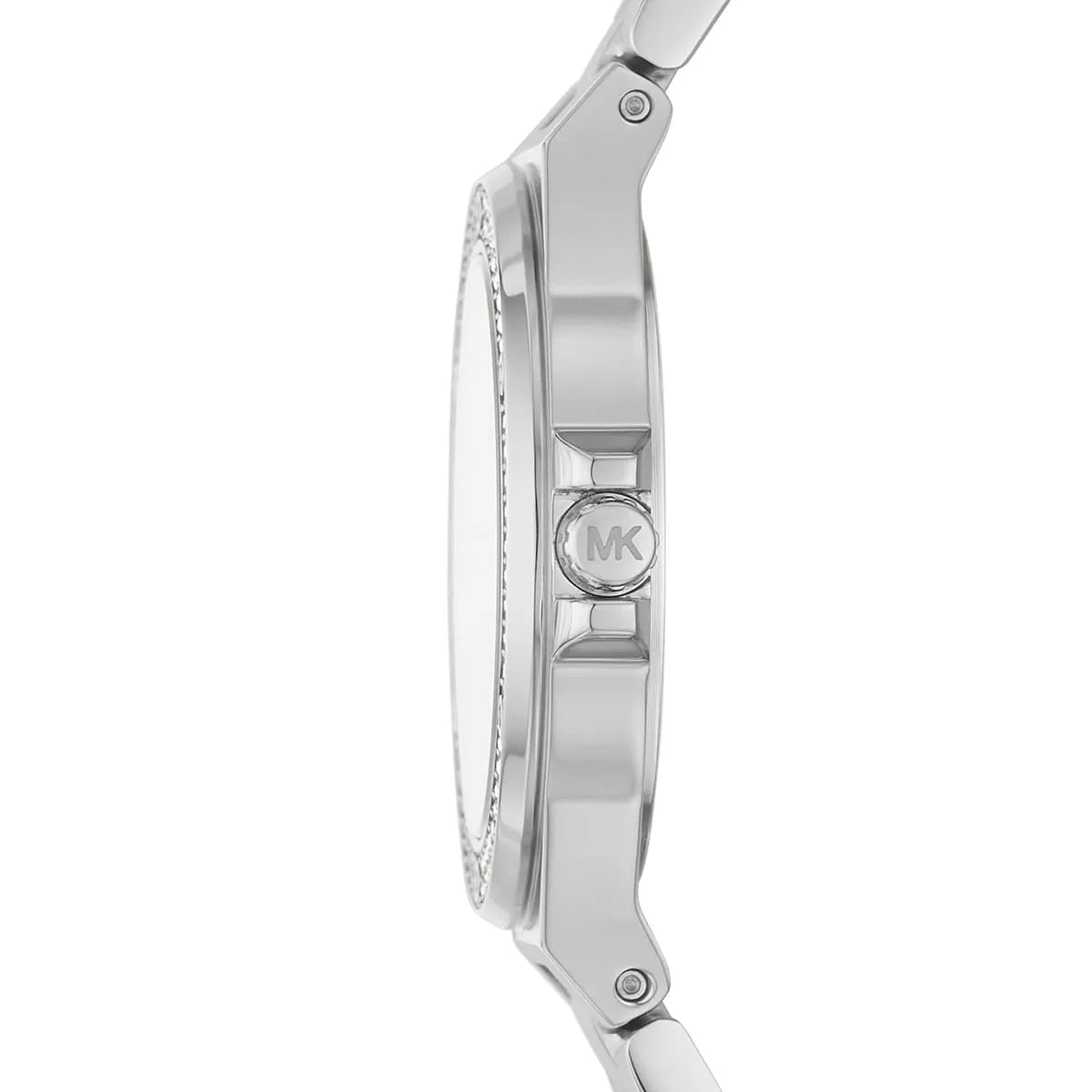 Michael Kors Mini Lennox watch side profile showing case thickness and stainless steel band