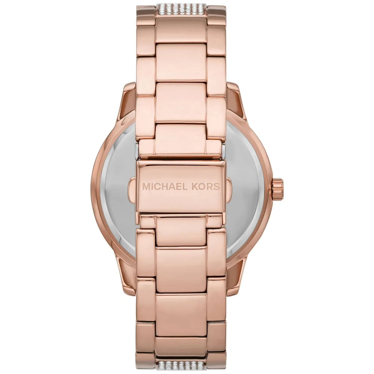 Michael Kors Oversized Tibby rose gold-tone women's watch caseback with stainless steel band detail
