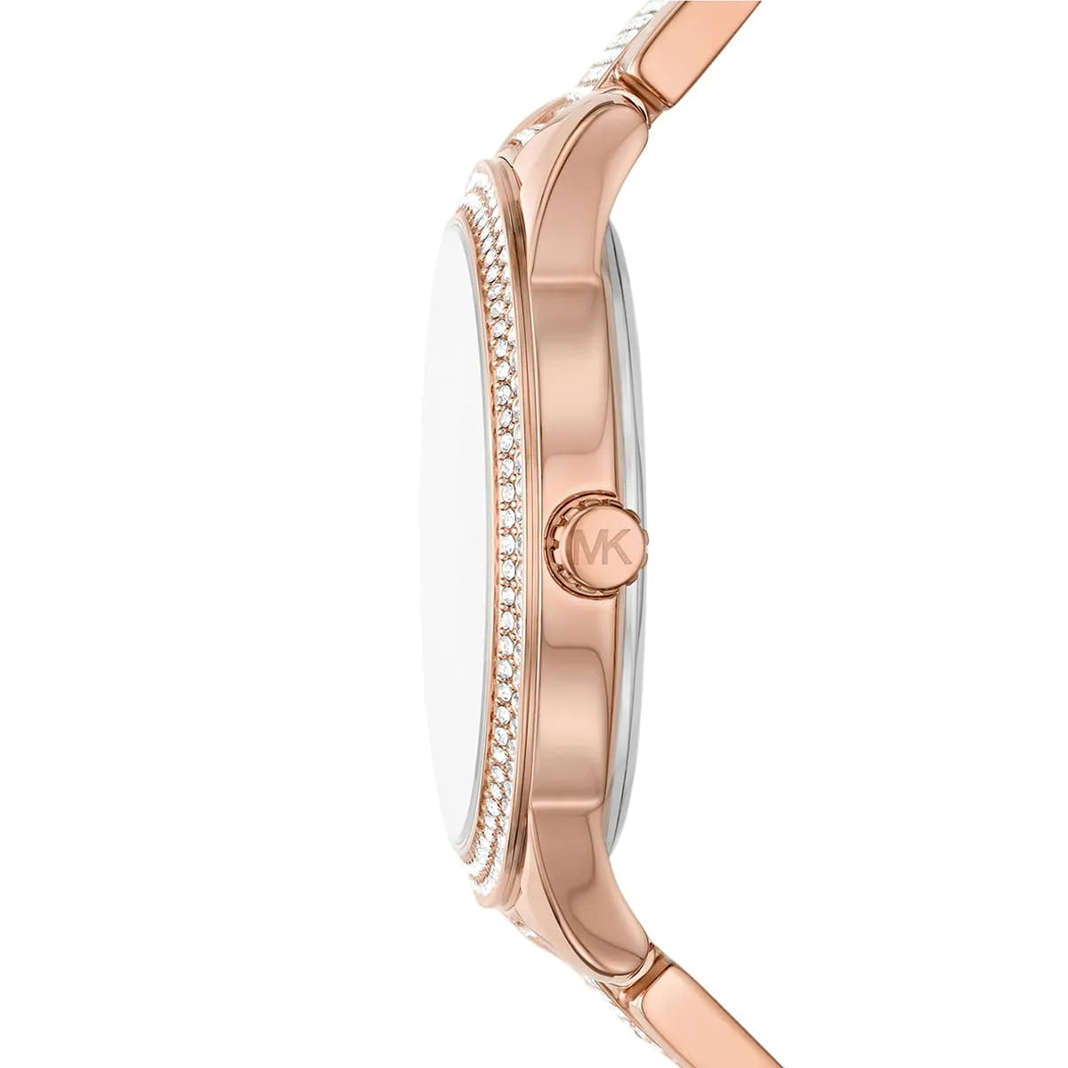 Michael Kors Tibby women's watch shown in profile with rose gold stainless steel case and crystal-set band