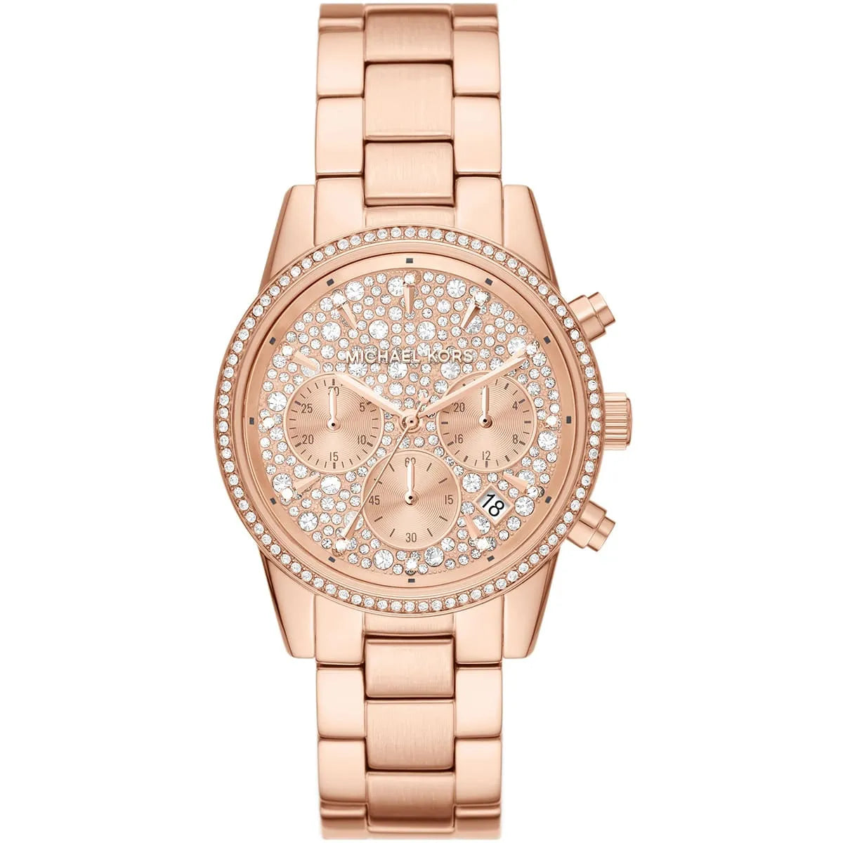 Michael Kors Ritz women's watch with rose gold-tone case, crystal-paved dial, and chronograph subdials