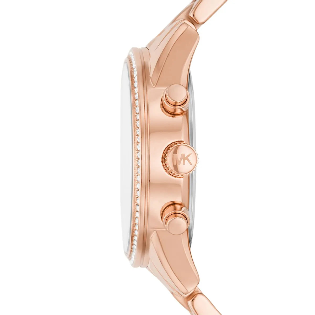 Michael Kors Ritz watch side view showing rose gold case profile with crystal bezel and chronograph pushers