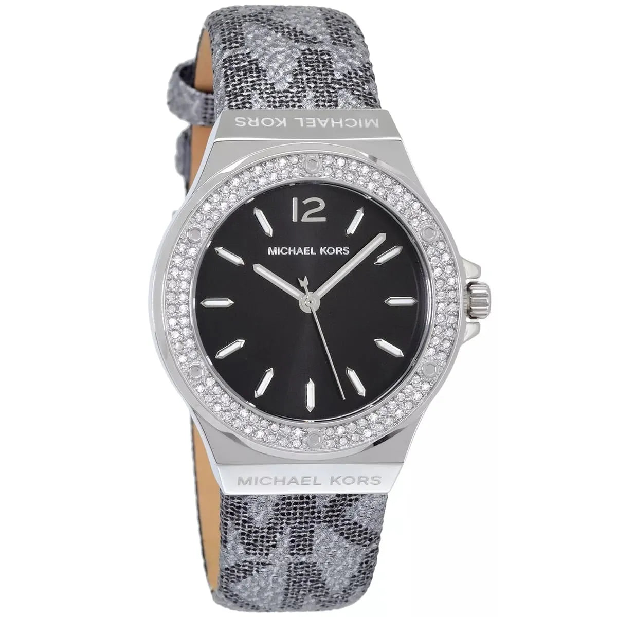 Michael Kors Lennox watch angled view showing black dial and patterned gray leather strap