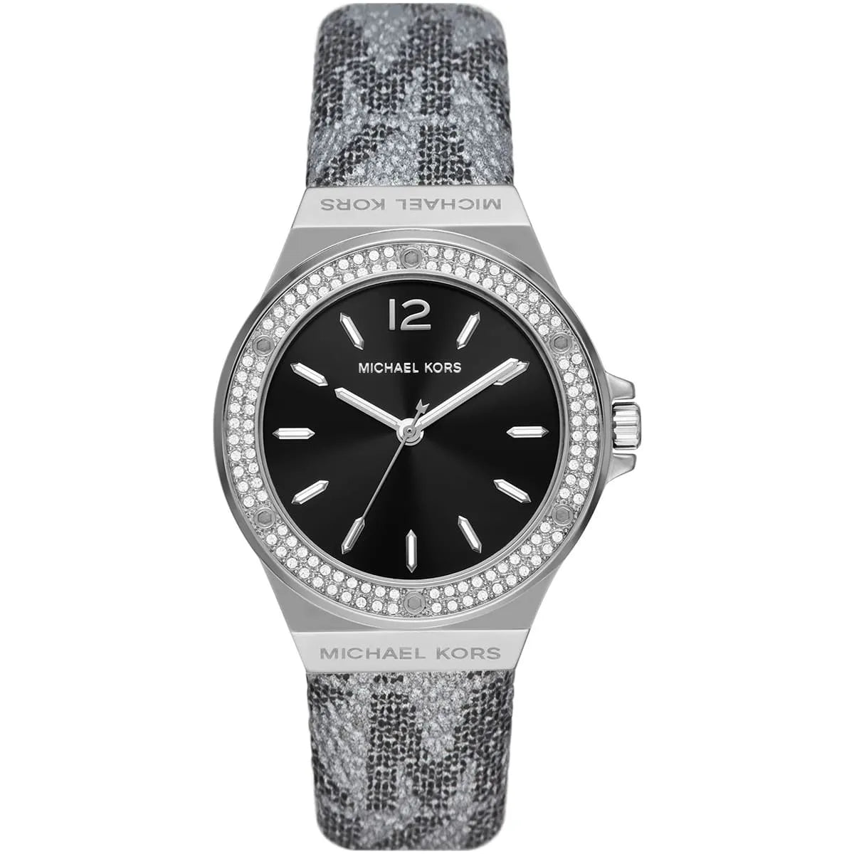 Michael Kors Lennox women's watch with black dial, crystal-pavé bezel, silver case and patterned leather strap