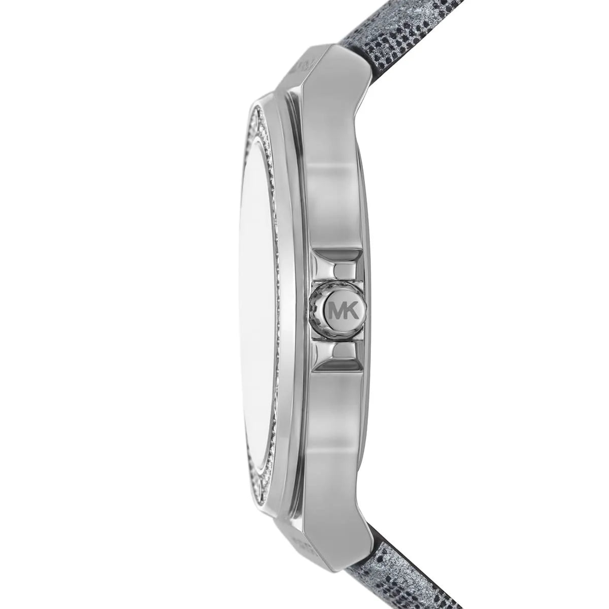 Side profile of Michael Kors Lennox watch showing case thickness and crown detail