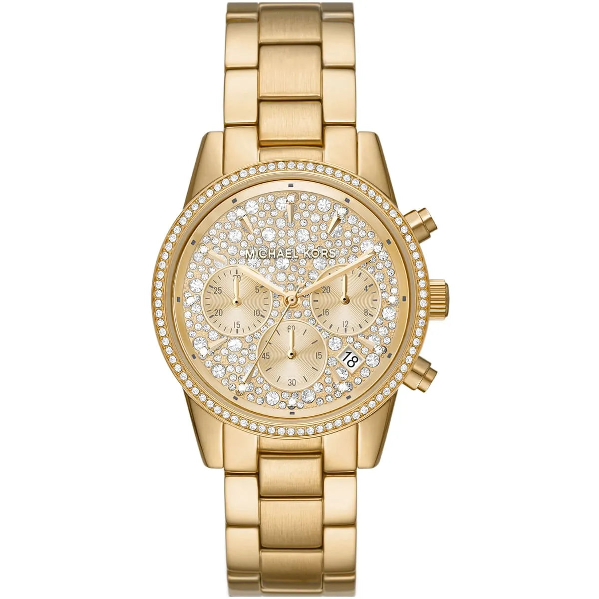 Michael Kors Ritz gold-tone women's chronograph watch with crystal dial and diamond bezel