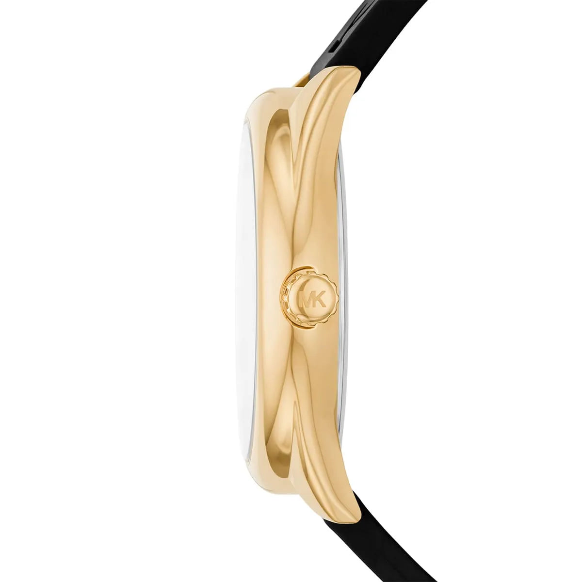Michael Kors Janelle watch side profile displaying gold-tone case thickness and black strap